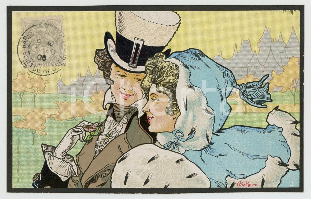 1905 Artist E. BOTTARO - Couple - Fashion - ILLUSTRATED postcard Cartolina postale d'epoca, viaggiata. GOOD/buono  Formato: 14x9 cm originale e autentica 1