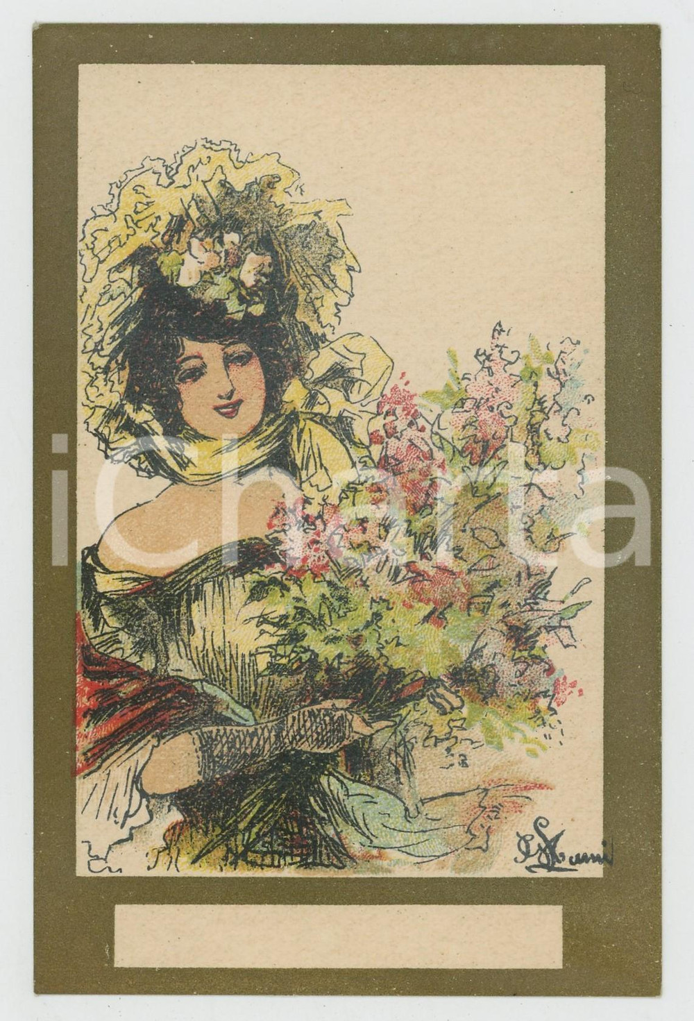 Cartolina originale da collezione 1905 ca Femme avec bouquet de fleurs Carte postale ChicorÃ©e LA BELLE JARDINIERE 1