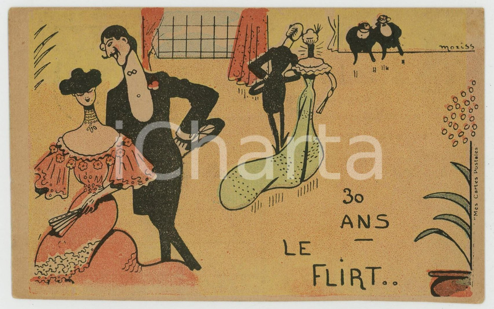 Cartolina originale da collezione 1904 FRANCE  HUMOUR 30 ans  Le flirt  IllustrÃ© par MORISS Carte postale FP VG 1