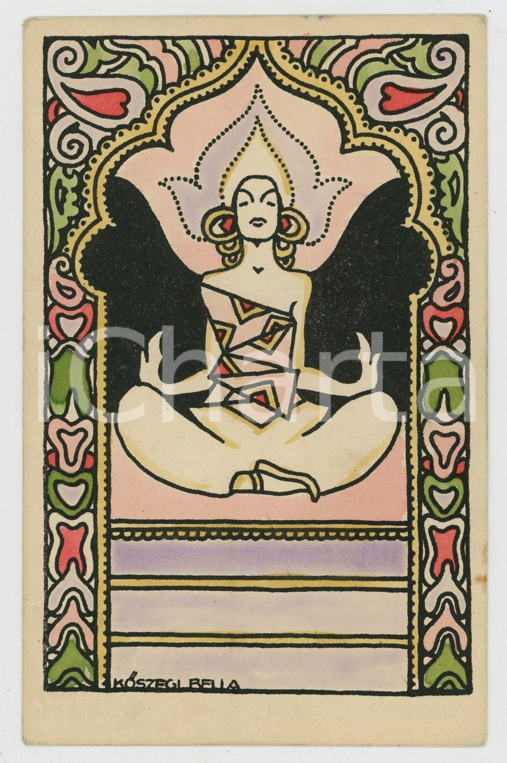 1910 ca HUNGARY Artist Kosgezi BELLA - Woman meditating - Postcard  Cartolina postale d'epoca, non viaggiata. GOOD/buono  Formato: 9x14 cm originale e autentica 1
