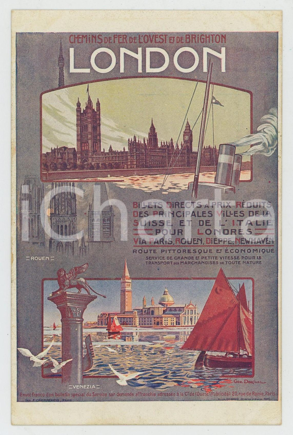 1910 ca CHEMINS DE FER DE L'OVEST ED DE BRIGHTON London Venice Rouen - Postcard  Cartolina d'epoca, non viaggiata. FAIR/discreto Lievi smussature agli angoli Formato: FP originale e autentica 1