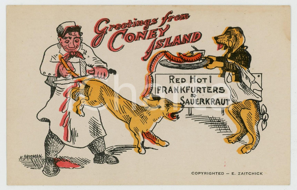 1945 ca CONEY ISLAND Red Hot Frankfurter & Sauerkraut *Postcard ill. M. BRISMAN  Cartolina postale d'epoca, non viaggiata. GOOD/buono  Formato: 14x9 cm originale e autentica 1