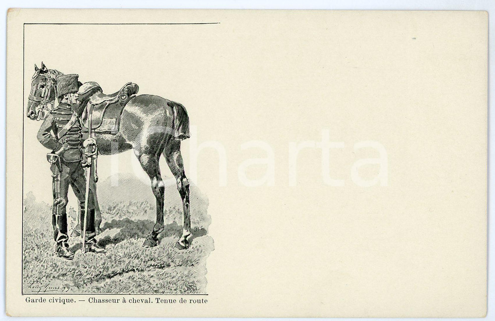 1900 ca ARMEE BELGE Garde civique - Chasseur à cheval - Tenue de route *Postcard  Cartolina postale d'epoca, non viaggiata. GOOD/buono  Formato: 14x9 cm originale e autentica 1