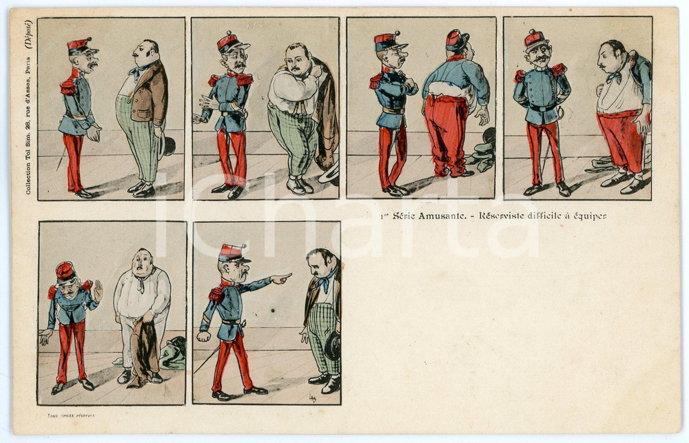 1900 ca HUMOUR Reserviste difficile à èquiper - Série Amusante - Carte postale  Cartolina postale d'epoca, non viaggiata. GOOD/buono  Formato: FP originale e autentica 1