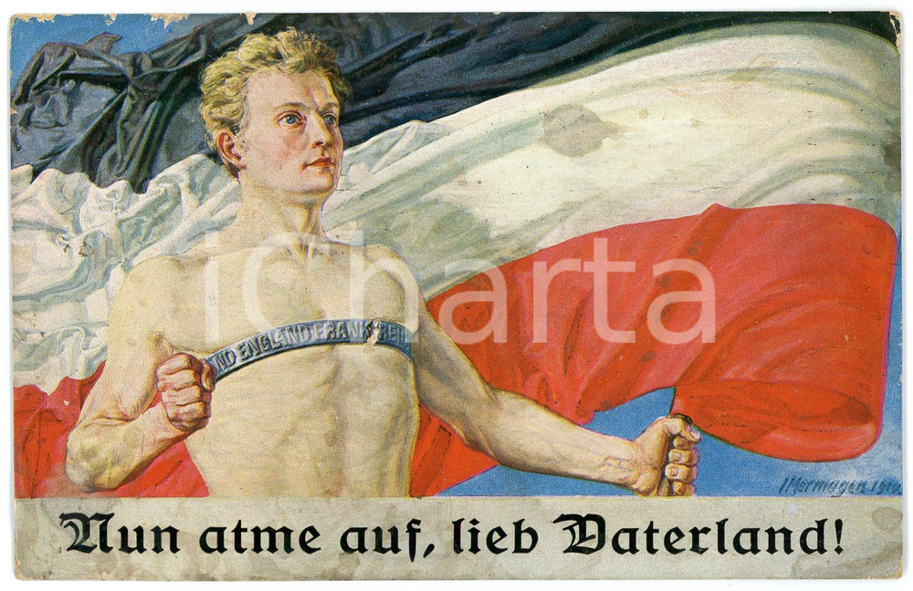 1916 WWI DEUTSCHLAND Artist MERMAGEN Nun atme auf, lieb Vaterland *Postcard flag  Cartolina postale d'epoca, viaggiata. POOR/danneggiato macchie; abrasioni marginali Formato: 14x9 cm originale e autentica 1