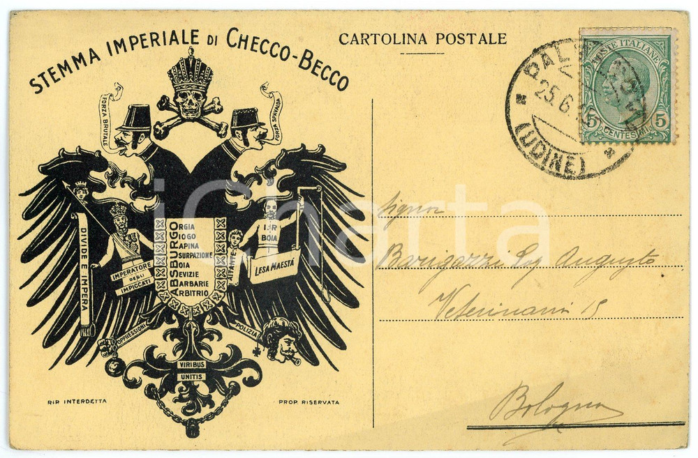1915 WW1 - SATIRA Stemma imperiale di Checco Becco - ASBURGO Cartolina FP NV  Cartolina postale d'epoca, viaggiata. FAIR/discreto lievi smussature agli angoli Formato: FP originale e autentica 1