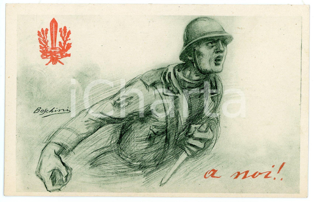 1915 ca WW1 - Artista BOSCHINI Soldato con pugnale urla "A noi!" - Cartolina  Cartolina postale d'epoca, non viaggiata.EDITORE: Per l'assistenza ai soldati - Milano GOOD/buono  Formato: FP originale e autentica 1