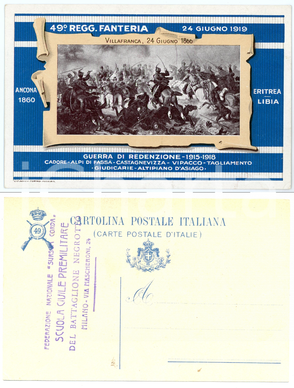 1919 REGIO ESERCITO 49° Reggimento Fanteria WW1 Guerra di rendenzione Cartolina  Cartolina d'epoca, non viaggiata.Con timbro al verso della: Federazione Nazionale Sursum CordaScuola Civile Premilitare del Battaglione Negrotto MilanoCONDIZIONI: FAIR FORMATO: FP    originale e autentica 1