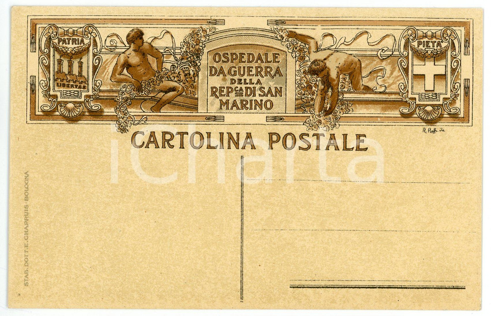 1915 ca WW1 Ospedale da guerra della REPUBBLICA DI SAN MARINO Cartolina  Cartolina postale d'epoca, non viaggiata. FAIR/discreto Lievi segni dovuti a timbrature Formato: FP originale e autentica 1