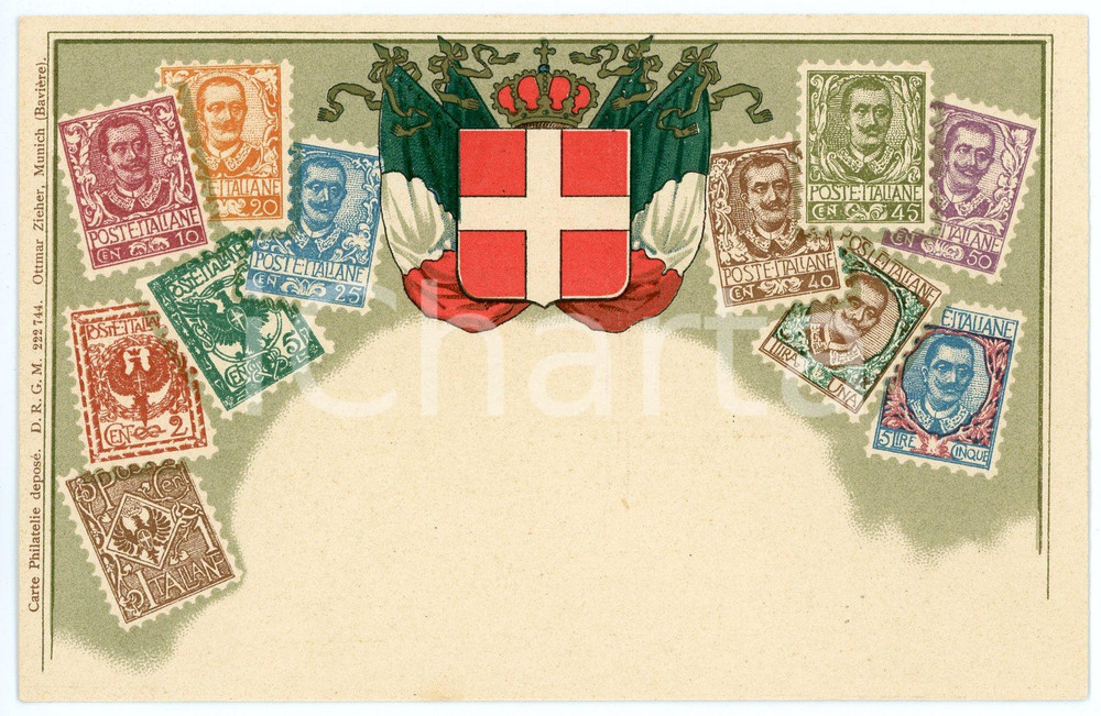 1900 ca REGNO D'ITALIA Cartolina con illustrazione di francobolli - FP NV  Cartolina d'epoca, non viaggiata.CONDIZIONI: FAIRFORMATO: FP    originale e autentica 1