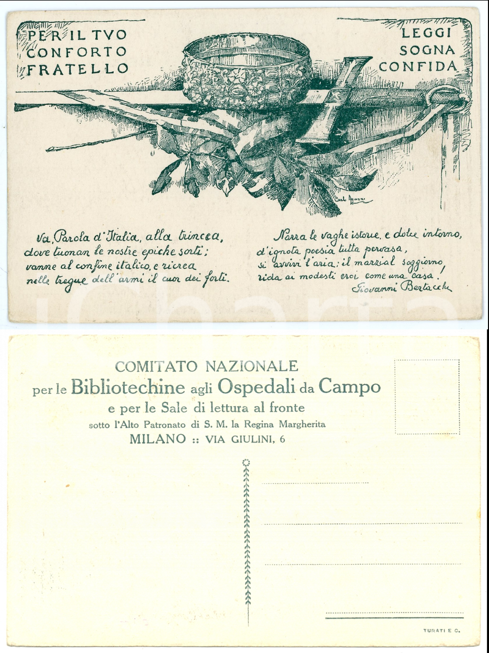 1915 ca WW1 - MILANO Comitato Bibliotechine agli ospedali da campo - Cartolina  Cartolina d'epoca, non viaggiata.Con illustrazione di Carlo Agazzi e versi di Giovanni Bertacchi. CONDIZIONI: FAIR FORMATO: FP    originale e autentica 1