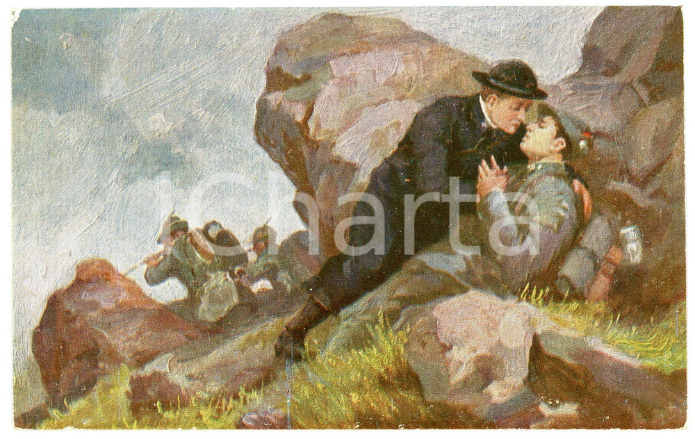 1915 ca WW1 - L'AMICO DEL SOLDATO Prete dà conforto ad alpino - Cartolina FP NV  Cartolina d'epoca, non viaggiata.CONDIZIONI: FAIR (sbrecciatura all'angolo superiore sinistro)FORMATO: FP    originale e autentica 1