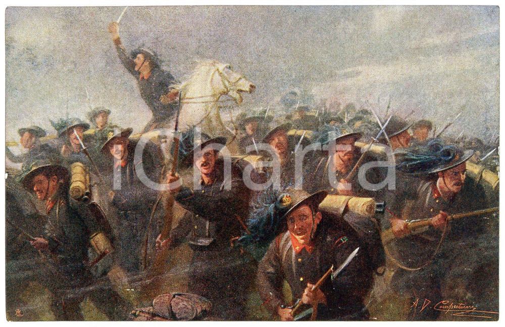 1915 WW1 - AVANTI SAVOIA di A. D. CAMPESTRINI Conquista del Monte Nero Cartolina  Cartolina d'epoca, non viaggiata.CONDIZIONI: FAIRFORMATO: FP    originale e autentica 1