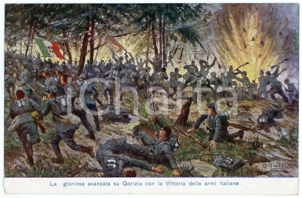1915 ca WW1 Artista G. GROSSI - Avanzata su Gorizia - Cartolina FP NV  Cartolina d'epoca, non viaggiata.EDITORE: F. Bonatti &amp; C, Milano - Fabbrica Cioccolato ClarensCONDIZIONI: FAIRFORMATO: FP    originale e autentica 1