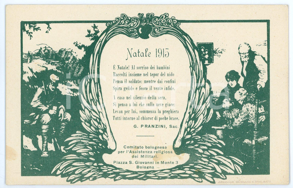 1915 WW1 BOLOGNA Assistenza religiosa militari - Poesia di G. PRANZINI Cartolina  Cartolina d'epoca, non viaggiata.CONDIZIONI: FAIR (lieve abrasione al verso, bruniture diffuse)FORMATO: FP    originale e autentica 1