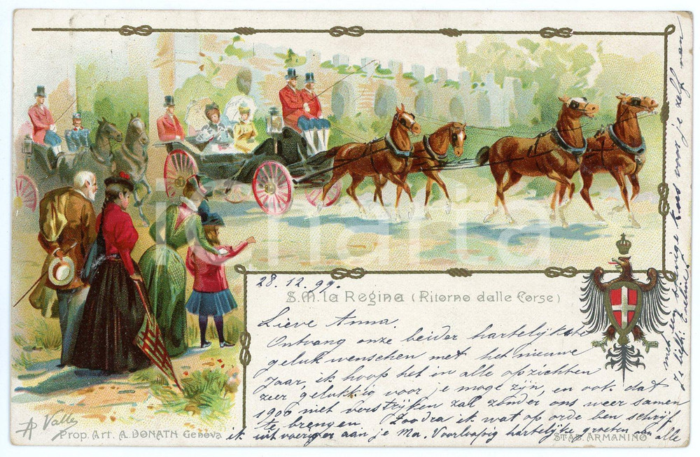 1899 REGNO D'ITALIA Regina Margherita di Savoia di ritorno dalle corse Cartolina  Cartolina d'epoca, viaggiata.CONDIZIONI: FAIR (piegatura all'angolo inferiore destro)FORMATO: FP    originale e autentica 1