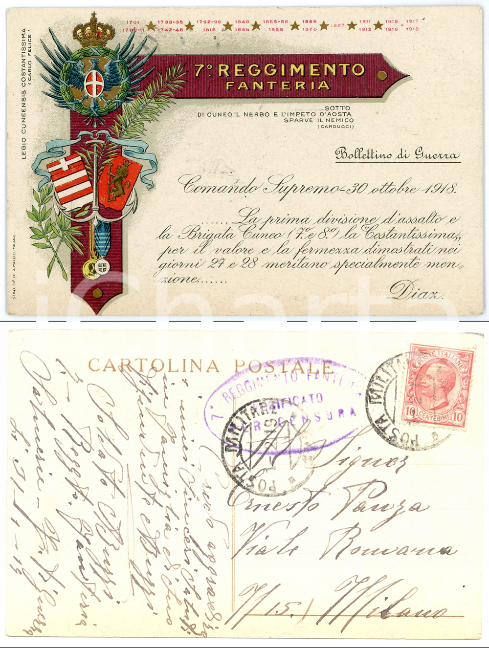 1919 CUNEO - 7° Reggimento Fanteria - Cartolina ILLUSTRATA FP VG  Cartolina d'epoca, non viaggiata, con timbro di visto censura del Reggimento. CONDIZIONI: FAIR FORMATO: FP    originale e autentica 1