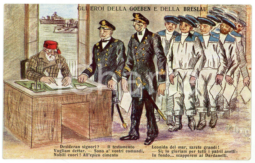 1914 WW1 Gli eroi della SMS GOEBEN e della SMS BRESLAU Cartolina ILLUSTRATA FP  Cartolina d'epoca, viaggiata.CONDIZIONI: FAIR FORMATO: FP    originale e autentica 1