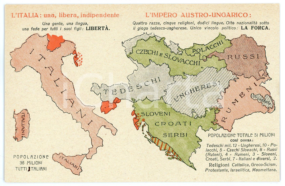 1915 ca WW1 Università BOCCONI Diversità tra Italia e Impero Austro-Ungarico  Cartolina postale d'epoca, non viaggiata.EDITORE: Unione Generale Insegnanti Italiani - Comitato lombardo presso l'Universit&agrave; Commerciale Luigi Bocconi, Milano FAIR/discreto Lievi smussature agli angoli Formato: FP originale e autentica 1