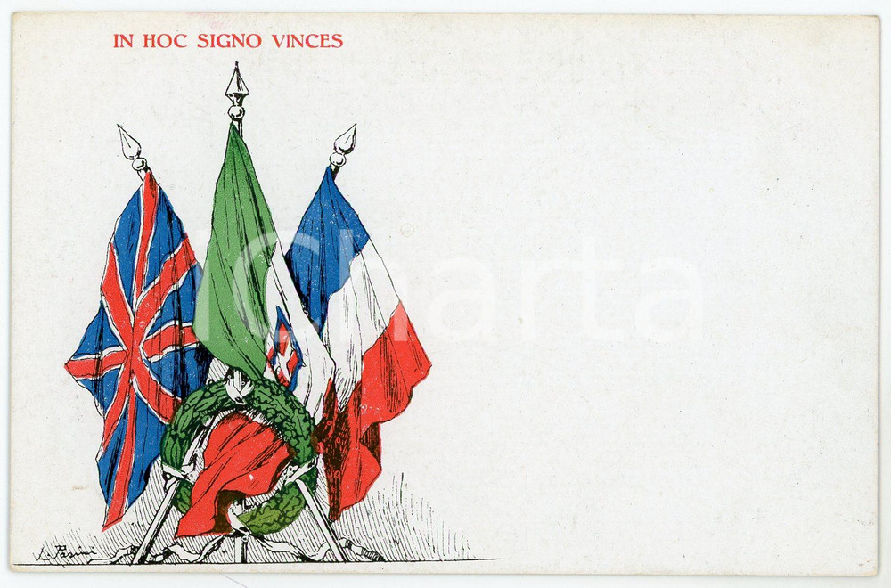 1918 WW1 Bandiere degli alleati - In hoc signo vinces - Cartolina FP NV  Cartolina d'epoca, non viaggiata.CONDIZIONI: FAIR FORMATO: FP    originale e autentica 1