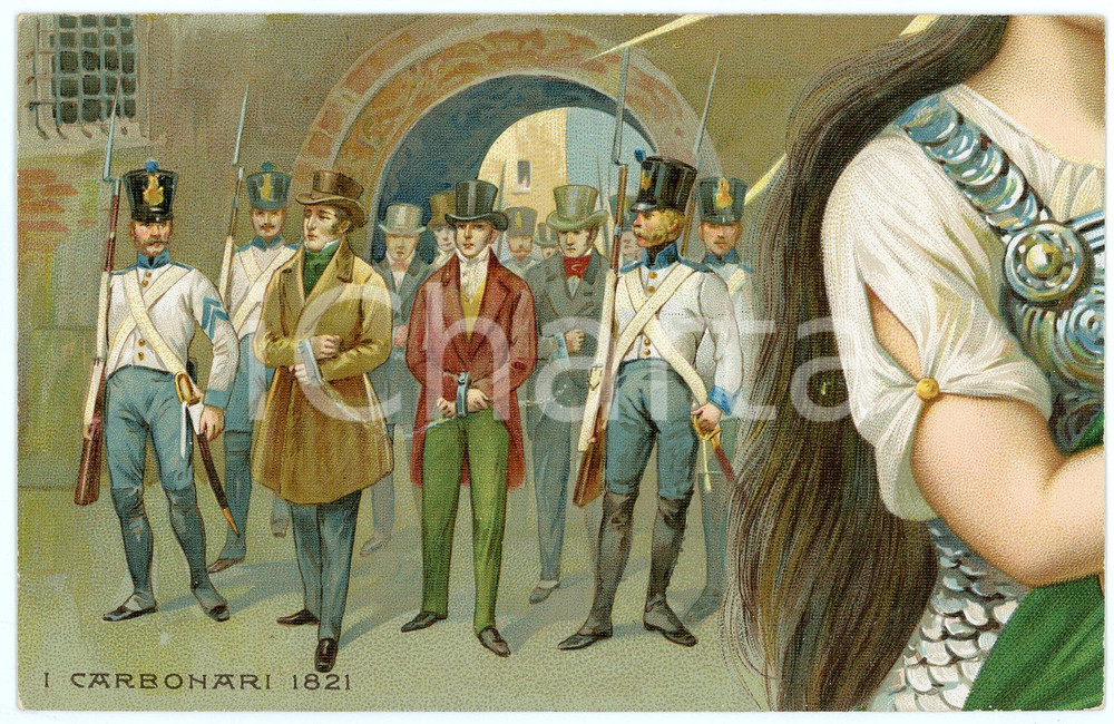 1911 50° Anniversario Regno d'Italia - I Carbonari 1821 - Cartolina  Cartolina postale d'epoca, commemorativa del cinquantenario dell'Unit&agrave; d'Italia, non viaggiata. GOOD/buono  Formato: 14x9 cm originale e autentica 1