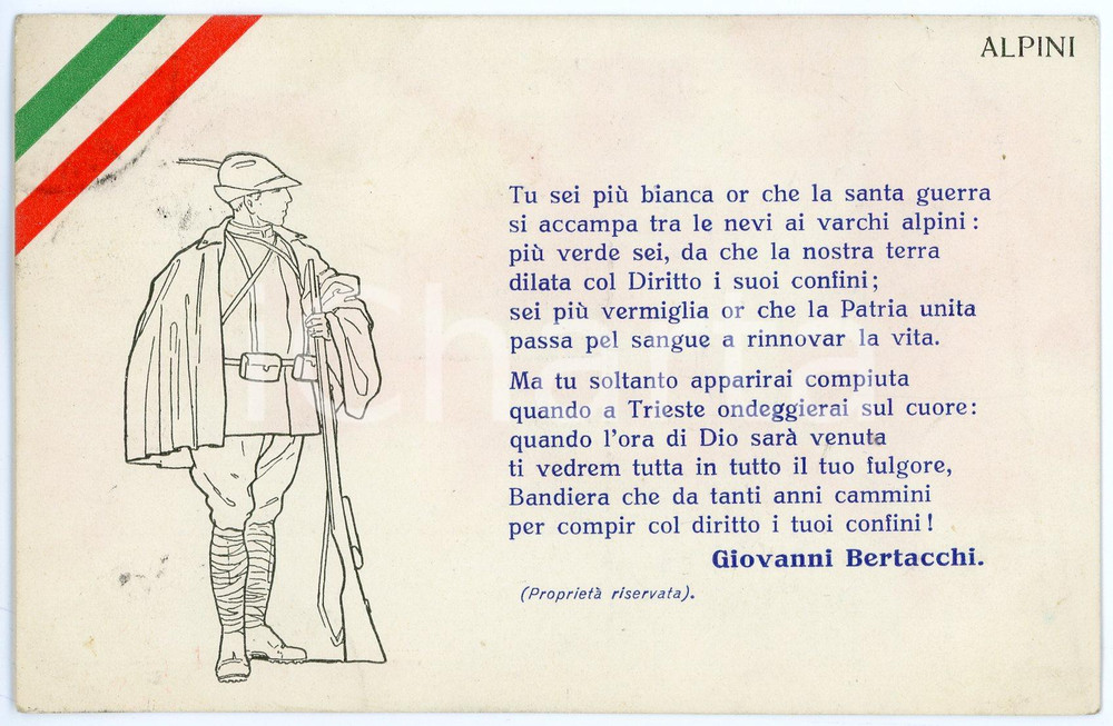 1918 WW1 - ALPINI Poesia di Giovanni BERTACCHI Cartolina ILLUSTRATA FP VG  Cartolina d'epoca, viaggiata.CONDIZIONI: FAIR FORMATO: FP    originale e autentica 1
