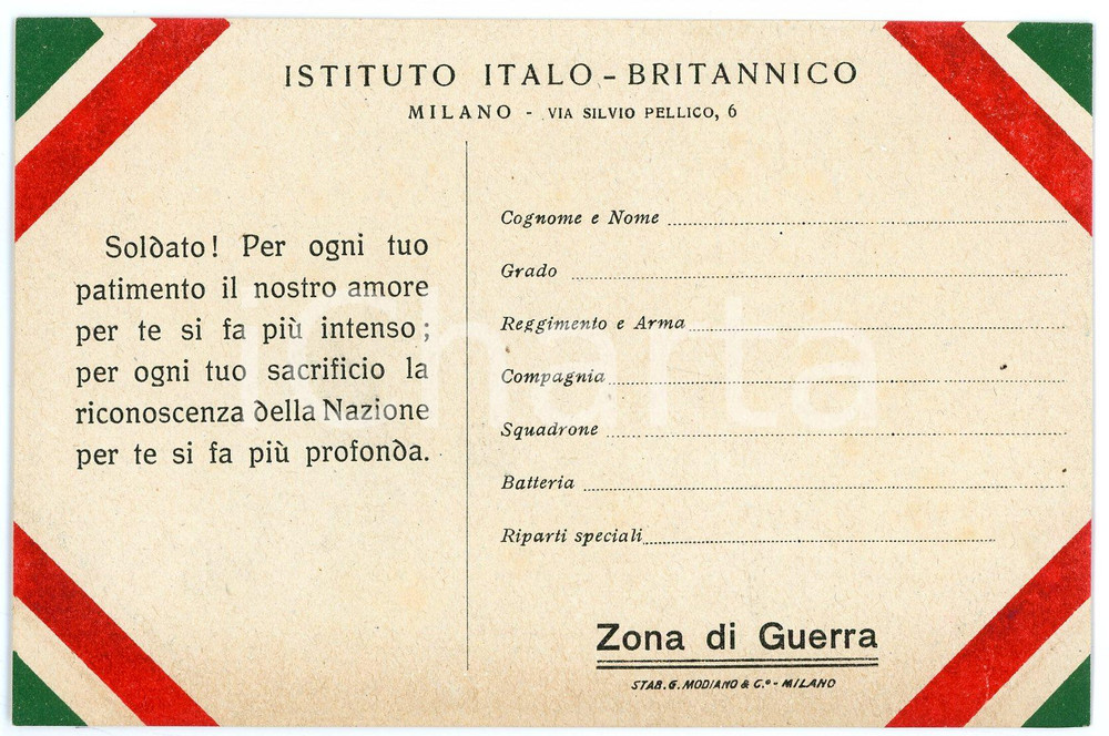 1915 ca WW1 - MILANO Istituto Italo-Britannico - Cartolina FP NV  Cartolina d'epoca, non viaggiata.CONDIZIONI: FAIR (bruniture al verso)FORMATO: FP    originale e autentica 1