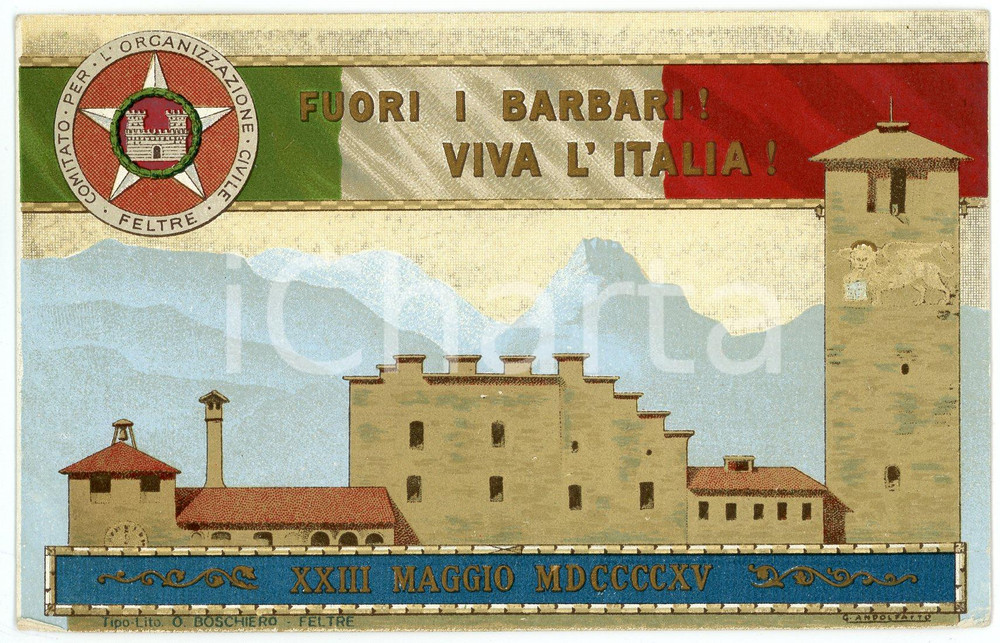 1915 WW1 - FELTRE Comitato Organizzazione Civile - Fuori i barbari - Cartolina  Cartolina d'epoca, non viaggiata. GOOD/buono  Formato: 14x9 cm originale e autentica 1