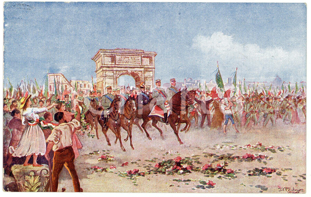1918 WW1 - GRANDE GUERRA Il ritorno dopo la vittoria - Cartolina ILLUSTRATA  Cartolina postale d'epoca, viaggiata.Edita a beneficio dell'Opera Bonomelli e del comitato di assistenza ai prigionieri di guerra italiana internati in Austria. FAIR/discreto Lievi piegature agli angoli Formato: FP originale e autentica 1