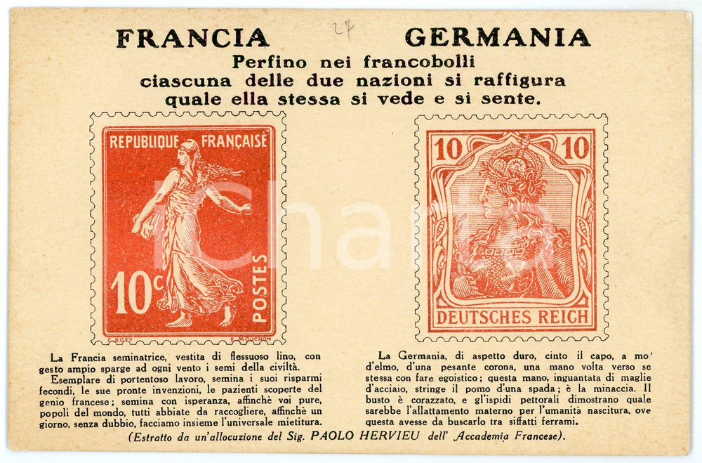 1915 ca WWI PROPAGANDA Francia vs Germania nei francobolli *Cartolina  Cartolina postale d'epoca, non viaggiata. FAIR/discreto piccola impressione di inchiostro al verso Formato: 14x9 cm originale e autentica 1