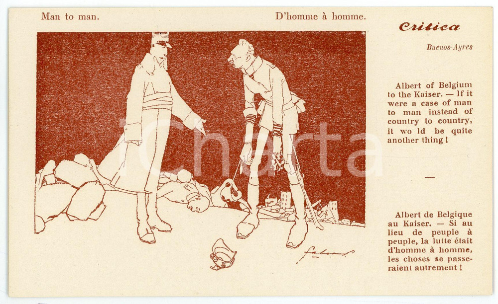1920 ca BUENOS AIRES - CRITICA Albert of Belgium to the Kaiser - Postcard FP NV  Cartolina postale d'epoca, non viaggiata.CONDIZIONI: FAIRFORMATO: FP    originale e autentica 1