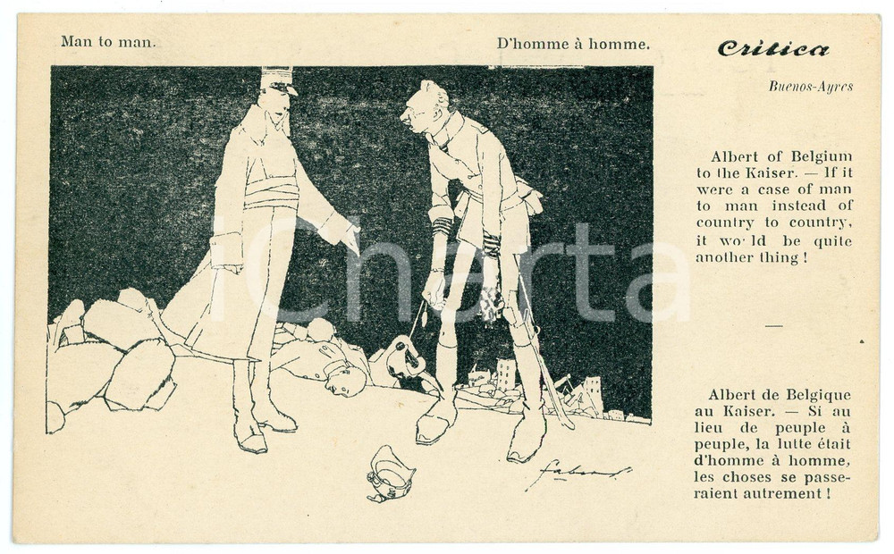 1920 ca BUENOS AIRES - CRITICA Albert of Belgium to the Kaiser - Postcard FP (1)  Cartolina postale d'epoca, non viaggiata.CONDIZIONI: FAIRFORMATO: FP    originale e autentica 1