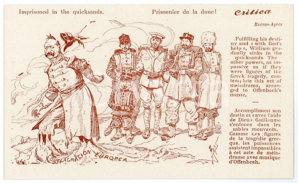 1920 ca BUENOS AIRES - CRITICA Wilhelm II imprisoned in the quicksands- Postcard  Cartolina postale d'epoca, non viaggiata.CONDIZIONI: FAIRFORMATO: FP    originale e autentica 1