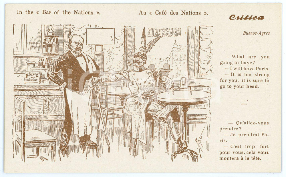 1920 ca BUENOS AIRES - CRITICA In the Bar of the Nations - Postcard FP NV  Cartolina postale d'epoca, non viaggiata.CONDIZIONI: FAIRFORMATO: FP    originale e autentica 1