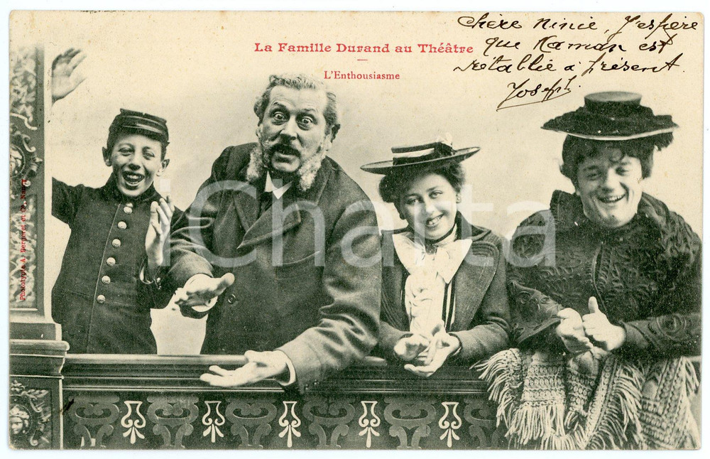 1903 La Famille Durand au ThÃ©Ã¢tre - L'Enthousiasme - Vintage postcard BERGERET  Cartolina postale d'epoca, viaggiata.CONDIZIONI: GFORMATO: FP     originale e autentica 1