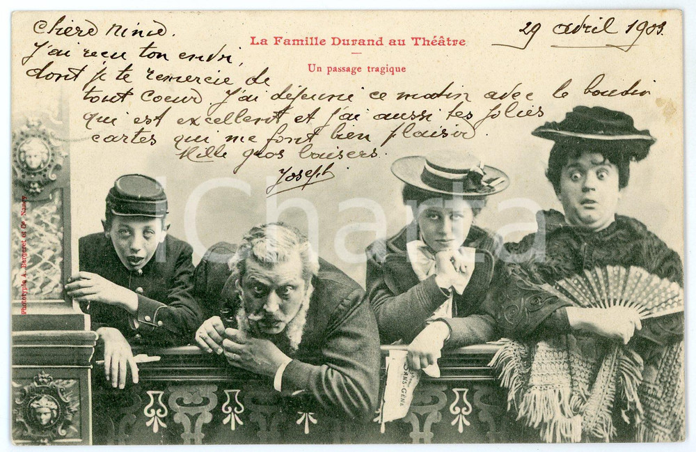 1903 La Famille Durand au Théâtre - Un passage tragique - Postcard BERGERET  Cartolina postale d'epoca, viaggiata.CONDIZIONI: F (piccolo residuo di carta al recto; piegatura all'angolo superiore sinistro)FORMATO: FP    originale e autentica 1