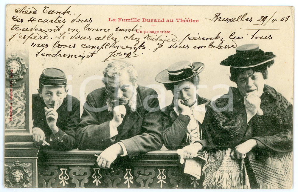 Cartolina originale da collezione 1903 La Famille Durand au ThÃ©Ã¢tre  Un passage triste Vintage postcard BERGERET 1