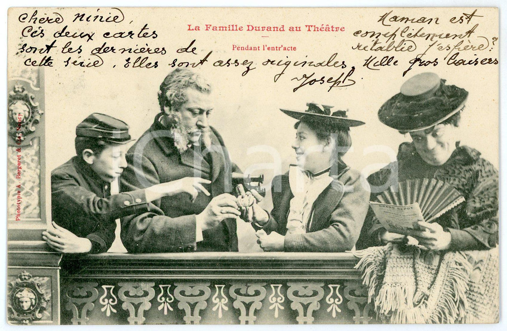 1903 La Famille Durand au Théâtre - Pendant l'entr'acte - Postcard BERGERET  Cartolina postale d'epoca, viaggiata.CONDIZIONI: GFORMATO: FP    originale e autentica 1