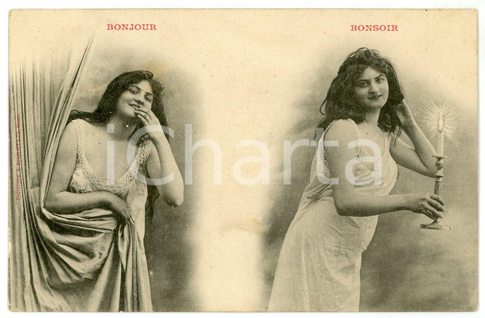 1903 BONJOUR - BONSOIR - Femme en nuisette - Vintage postcard BERGERET  Cartolina postale d'epoca, viaggiata.CONDIZIONI: G (minima piegatura all'angolo superiore sinistro)FORMATO: FP    originale e autentica 1