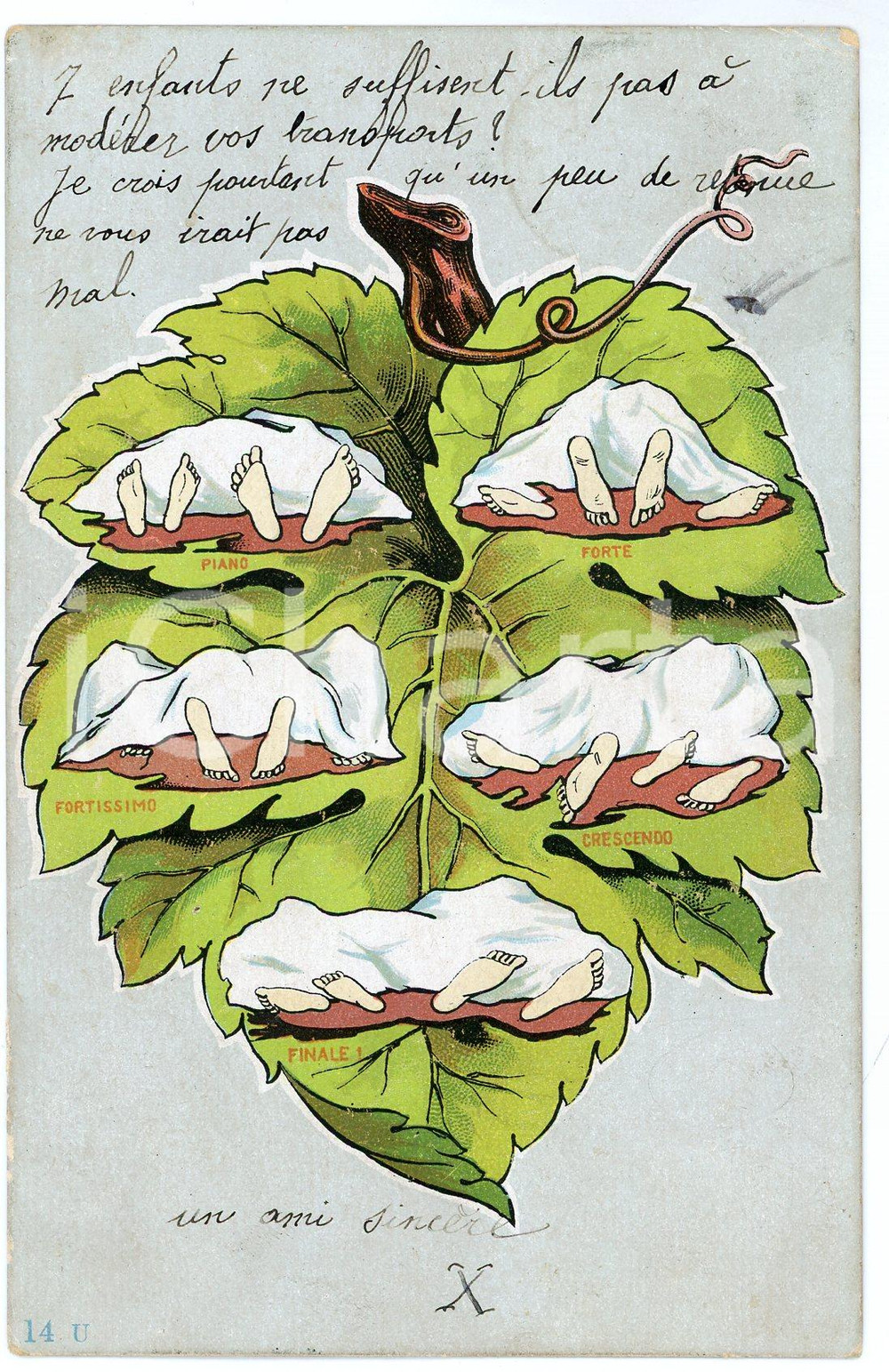 1904 HUMOUR EROTISME Piano, forte, fortissimo, crescendo, finale - Cartolina  Cartolina postale d'epoca, viaggiata.CONDIZIONI: P (profonda piegatura centrale; piccola piegatura all'angolo superiore destro; abrasioni al lato sinistro; macchie al verso)FORMATO: FP    originale e autentica 1