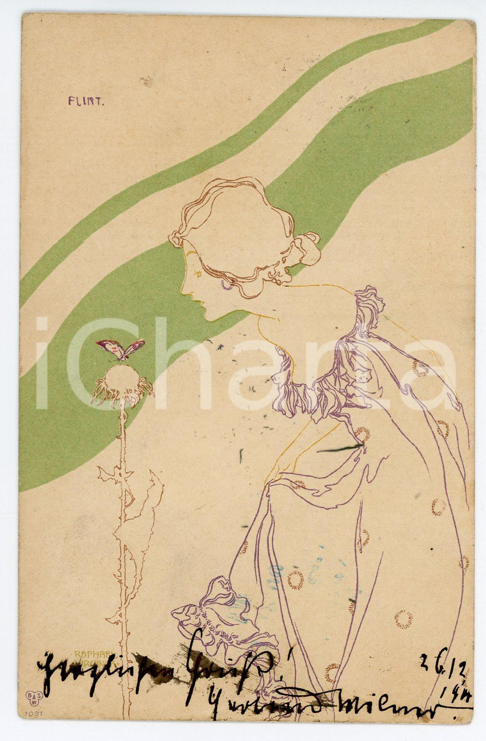 1900 ART NOUVEAU Artist Raphael KIRCHNER - Flirt - Lady with flower ^Postcard  Cartolina postale d'epoca, illustrata, viaggiata.CONDIZIONI: F (piccole piegature angolari)FORMATO: FP    originale e autentica 1