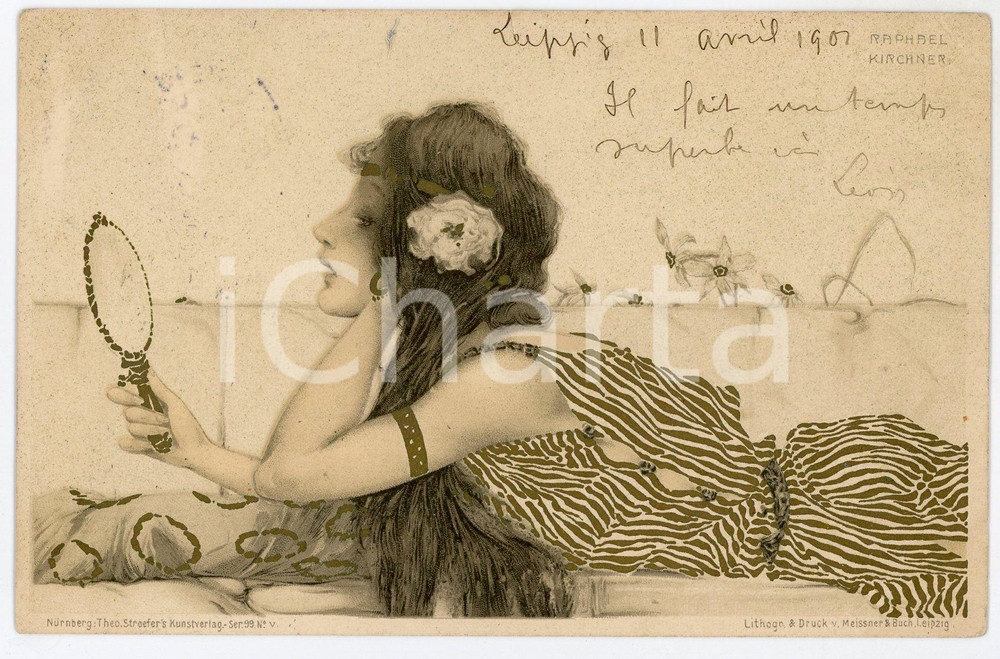 1901 ART NOUVEAU Raphael KIRCHNER "Greek Vergins" Girl with mirror - Postcard  Rara cartolina postale d'epoca, opera dell'artista e illustratore Raphael Kirchner, viaggiata.Serie "Greek Vergins".CONDIZIONI: G FORMATO: FP    originale e autentica 1