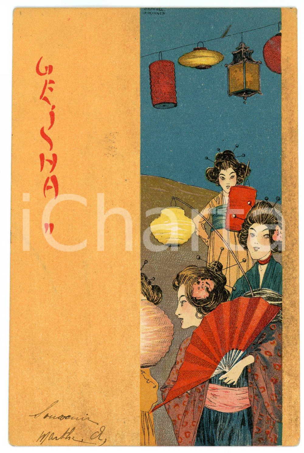 1903 ART NOUVEAU Raphael KIRCHNER - Geisha - II - Lanterns *Postcard orange  Cartolina postale d'epoca, opera dell'artista e illustratore Raphael Kirchner, viaggiata.CONDIZIONI: F (lieve piegatura angolare)FORMATO: FP    originale e autentica 1