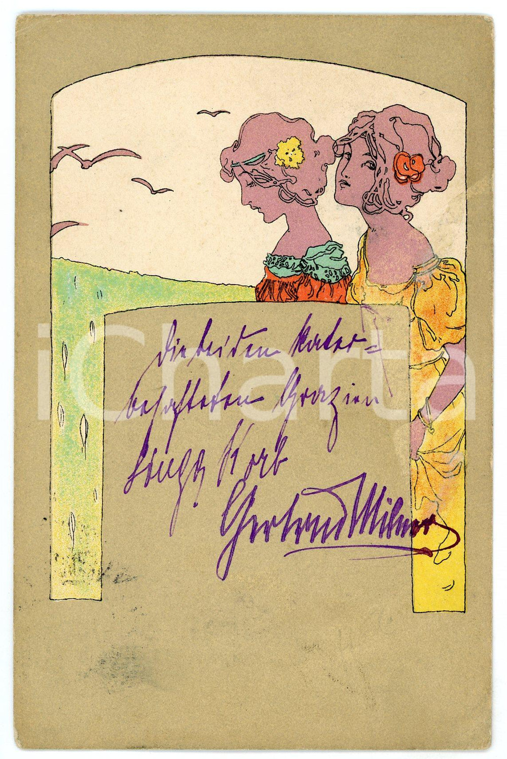 1900 ART NOUVEAU Raphael KIRCHNER Two women purple/beige - Postcard  Cartolina postale d'epoca, opera dell'artista e illustratore Raphael Kirchner, viaggiata.CONDIZIONI: VP (piegature angolari; leggero, ma vasto, residuo cartaceo al recto)FORMATO: FP    originale e autentica 1