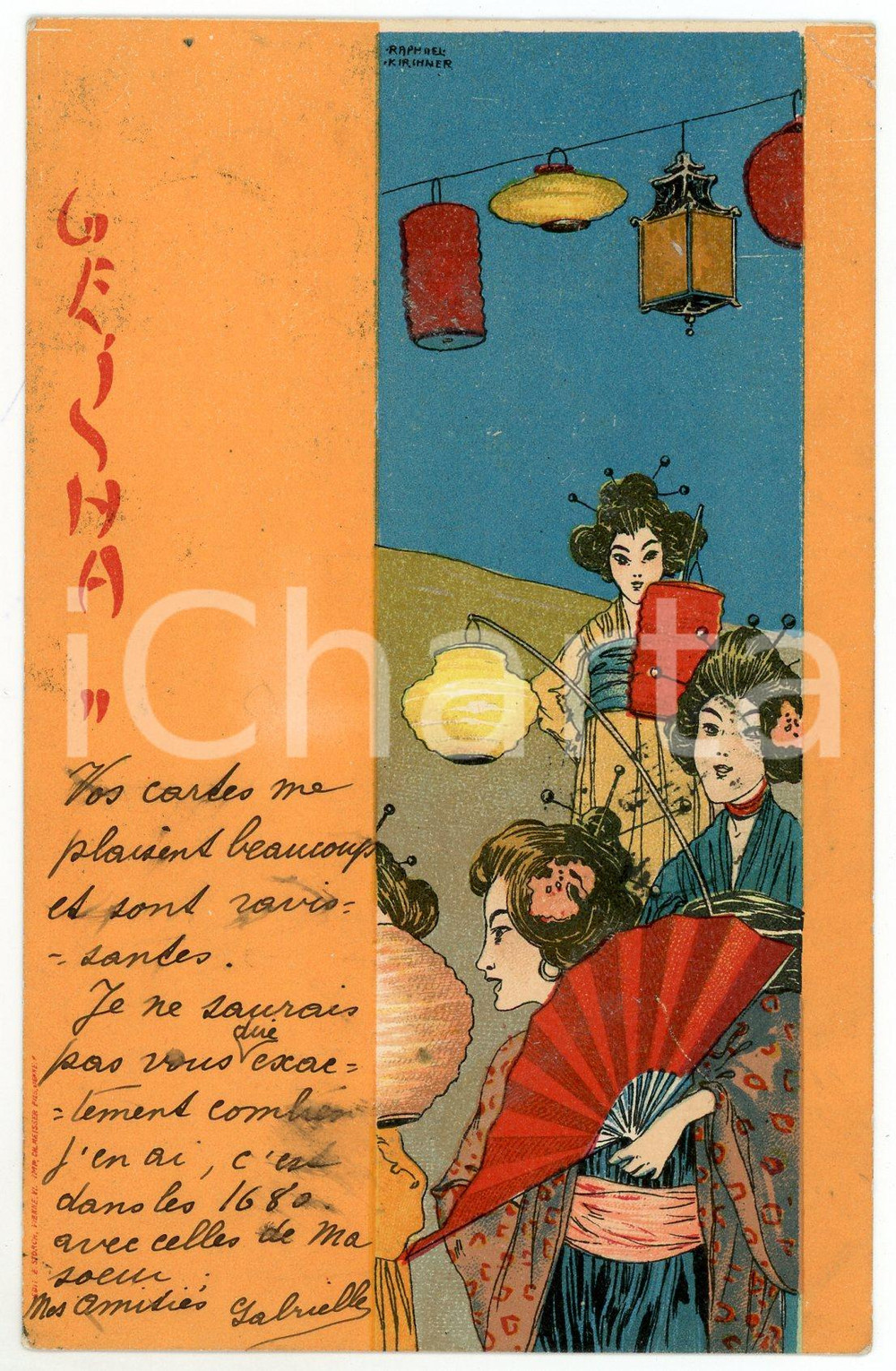 1901 ART NOUVEAU Raphael KIRCHNER - Geisha - II - Lanterns *Postcard orange  Cartolina postale d'epoca, opera dell'artista e illustratore Raphael Kirchner, viaggiata.CONDIZIONI: F (piccola piegatura angolare)FORMATO: FP    originale e autentica 1