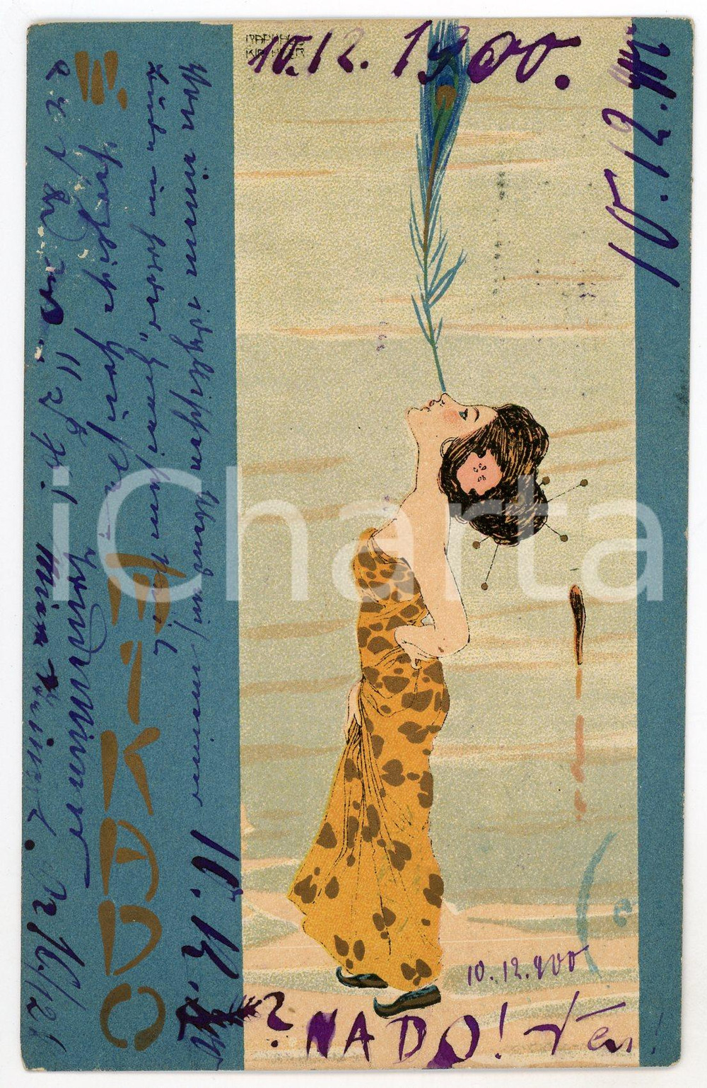 1900 ART NOUVEAU Raphael KIRCHNER - Mikado III - Japanese geisha *Postcard blue  Cartolina postale d'epoca, opera dell'artista e illustratore Raphael Kirchner, viaggiata.CONDIZIONI: F (lievi abrasioni al recto)FORMATO: FP    originale e autentica 1