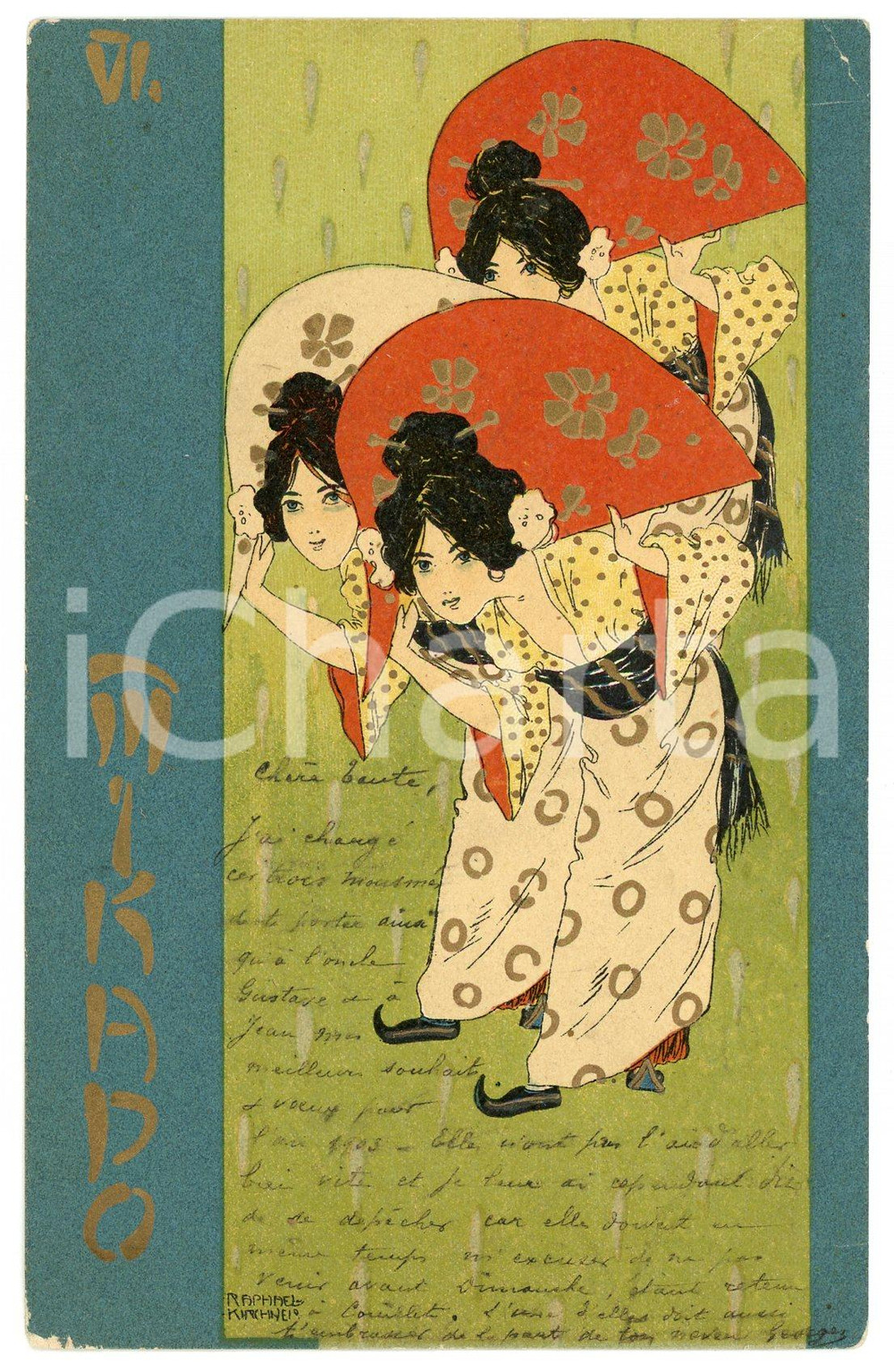 1903 ART NOUVEAU Raphael KIRCHNER - Mikado - VI - Japanese geisha *Postcard blue  Cartolina postale d'epoca, opera dell'artista e illustratore Raphael Kirchner, viaggiata.CONDIZIONI: F (minima piegatura angolare e abrasione)FORMATO: FP    originale e autentica 1