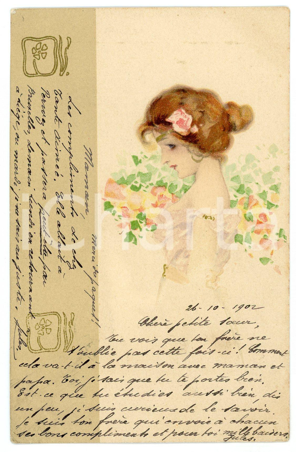 1902 ART NOUVEAU Artist Raphael KIRCHNER -Lady and flower - Old Postcard  Cartolina postale d'epoca, opera dell'artista e illustratore Raphael Kirchner, viaggiata.CONDIZIONI: GFORMATO: FP    originale e autentica 1