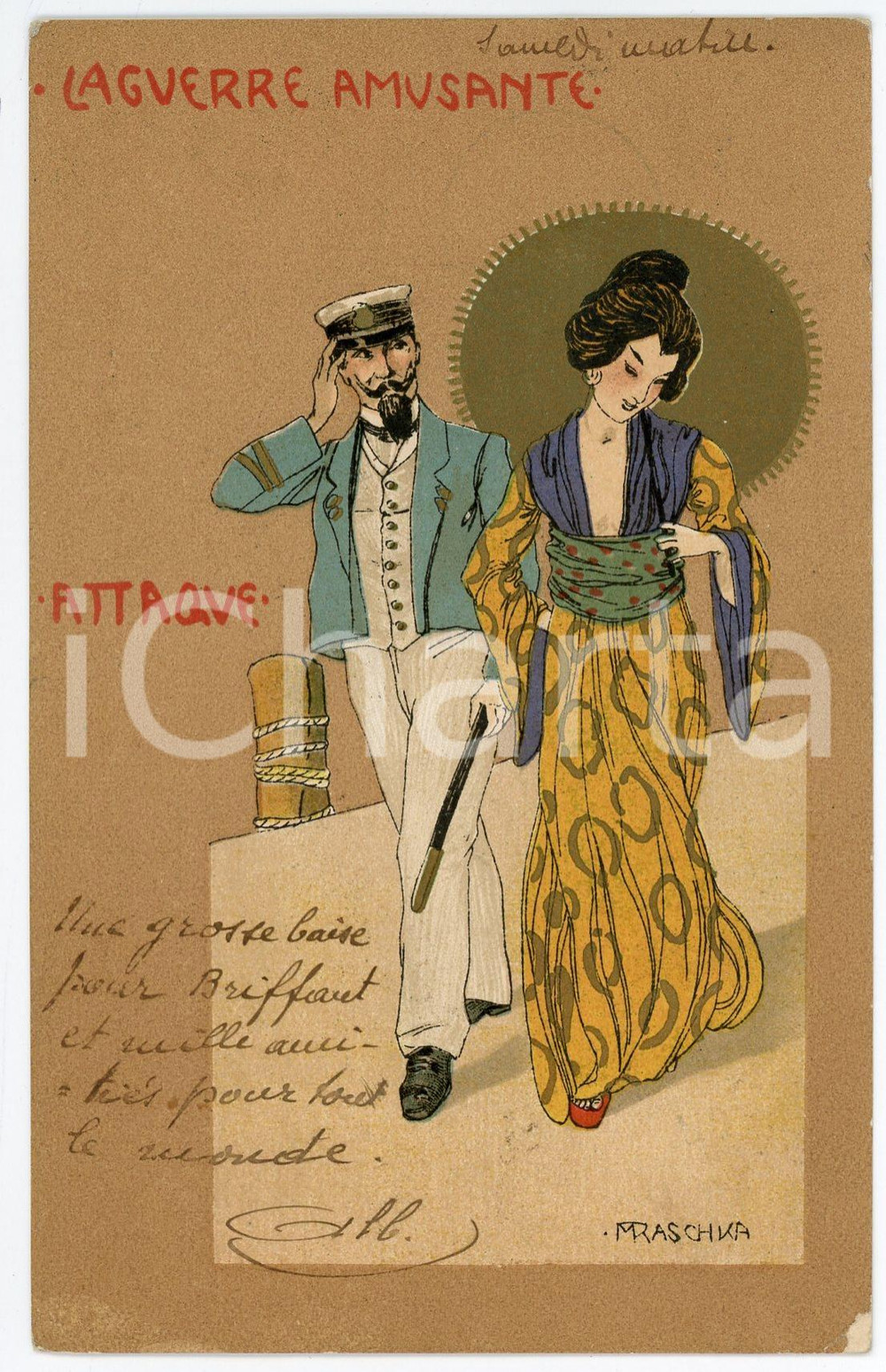 1901 ART NOUVEAU RASCHKA La Guerre Amusante - Attaque *Postcard geisha  Rara cartolina postale d'epoca, opera dell'artista e illustratore Raphael Kirchner (che utilizza lo pseudonimo Raschka), viaggiata.CONDIZIONI: G FORMATO: FP    originale e autentica 1