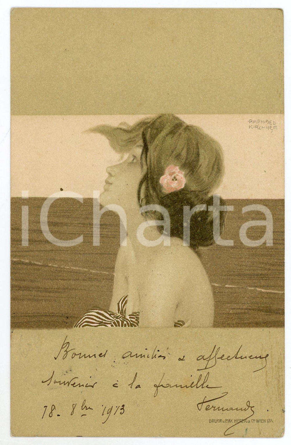 1913 ART NOUVEAU Raphael KIRCHNER - Girl with flower - Postcard green  Cartolina postale d'epoca, opera dell'artista e illustratore Raphael Kirchner, viaggiata.CONDIZIONI: G (minima smussatura angolare)FORMATO: FP    originale e autentica 1